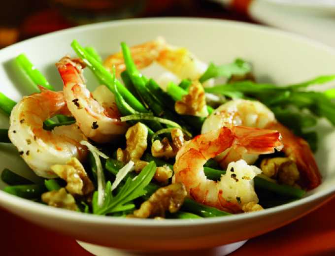 Lauwarmer Kenia- Bohnensalat mit Scampi