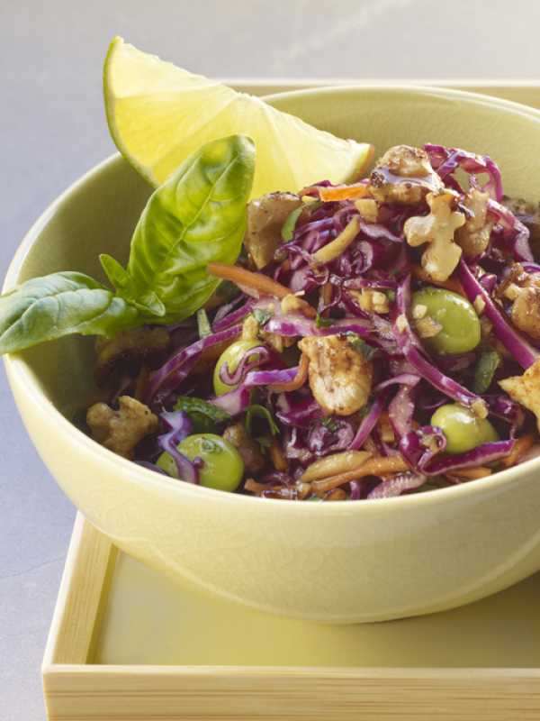 Asiatischer Rotkohlsalat mit Rotkohl, Karotten, Sojabohnen und kalifornischen Walnüssen
