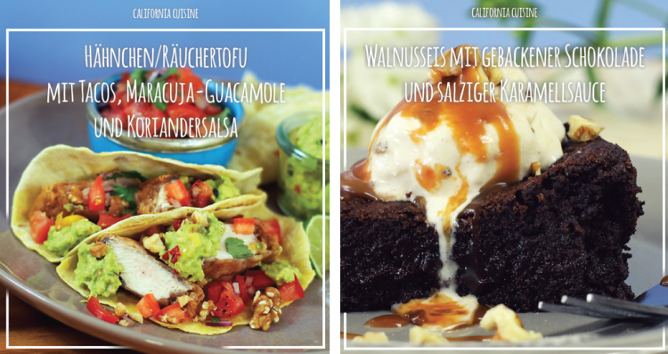 HÄHNCHEN/RÄUTERTOFU TACOS MIT MARACUJA-GUACAMOLE UND KORIANDERSALSA & WALNUSSEIS MIT GEBACKENER SCHOKOLADE UND SALZIGER KARAMELLSAUCE HÄHNCHEN/RÄUTERTOFU TACOS MIT MARACUJA-GUACAMOLE UND KORIANDERSALSA & WALNUSSEIS MIT GEBACKENER SCHOKOLADE UND SALZIGER KARAMELLSAUCE