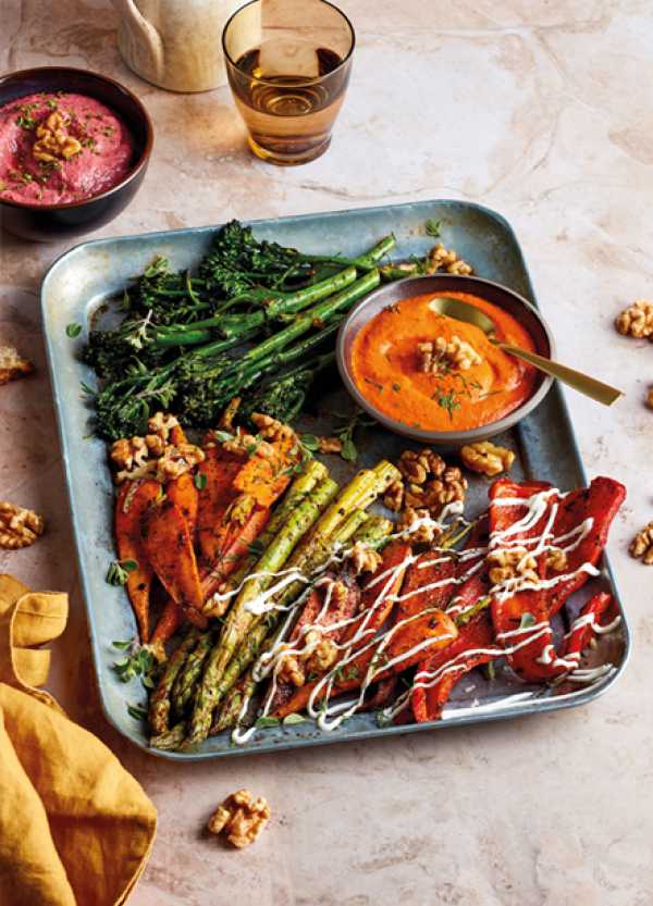 Grill-Gemüse mit bunten Walnuss-Dips