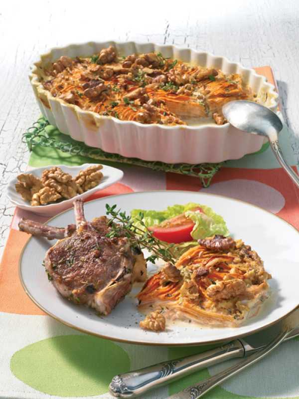 Süßkartoffel-Walnuss-Gratin an Lammkoteletts